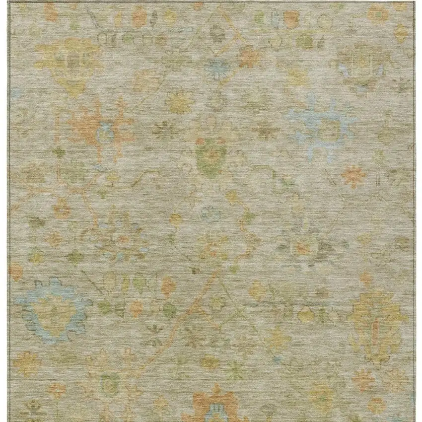 Khaki And Beige Floral Washable Indoor Outdoor Area Rug Photo 3