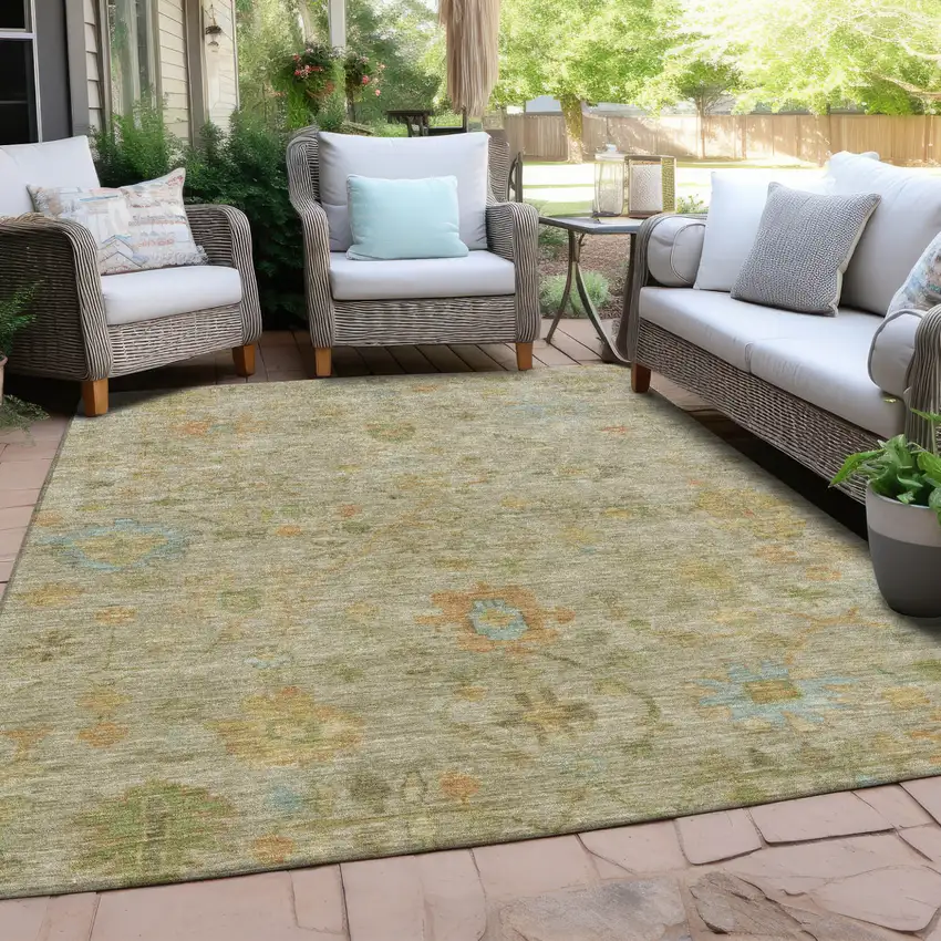 Khaki And Beige Floral Washable Indoor Outdoor Area Rug Photo 6