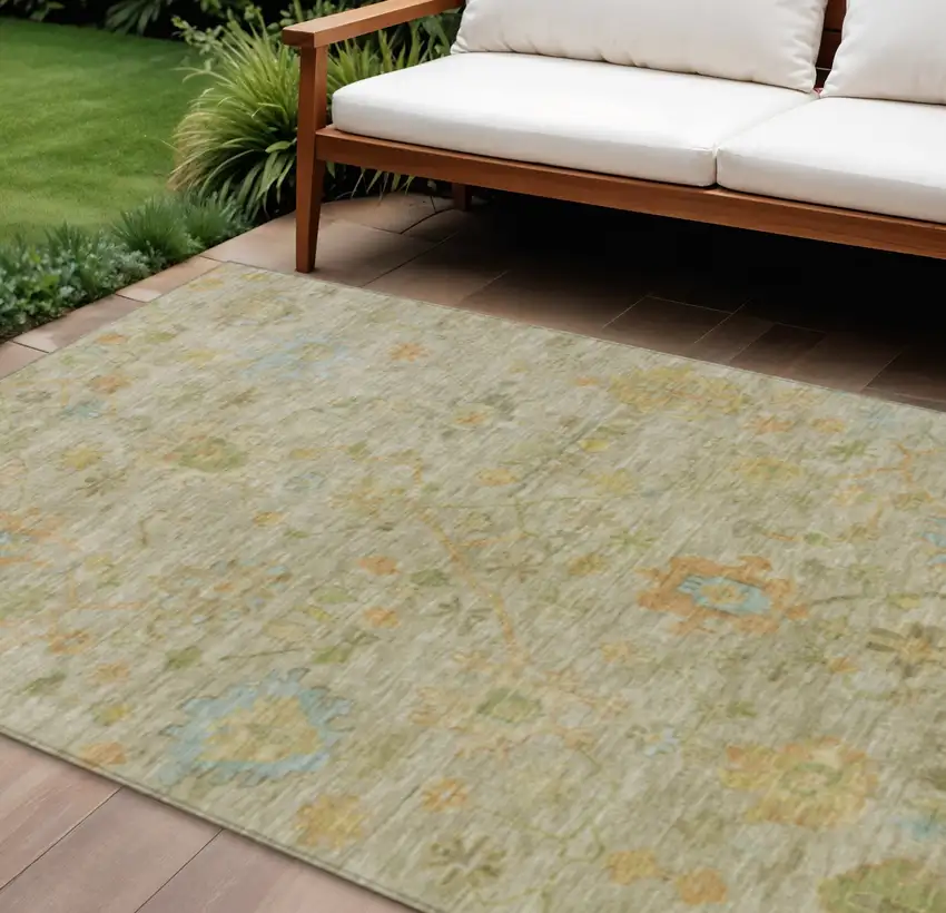 Khaki And Beige Floral Washable Indoor Outdoor Area Rug Photo 2