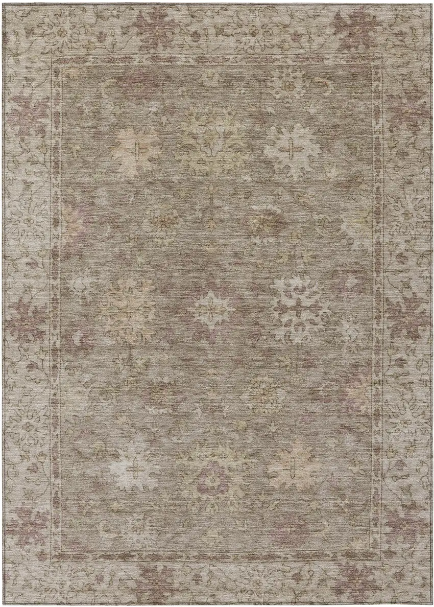 Khaki And Beige Floral Washable Indoor Outdoor Area Rug Photo 1