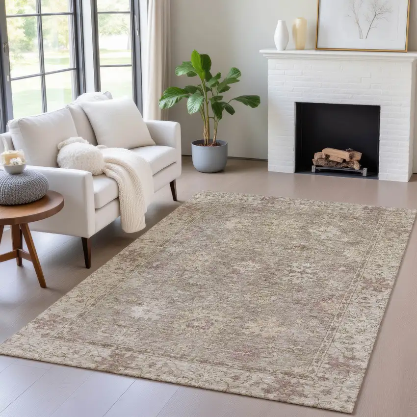 Khaki And Beige Floral Washable Indoor Outdoor Area Rug Photo 7