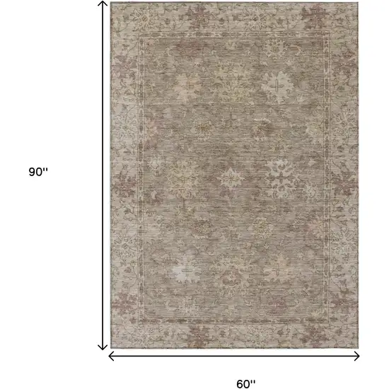 Khaki And Beige Floral Washable Indoor Outdoor Area Rug Photo 9