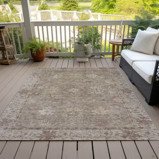 Khaki And Beige Floral Washable Indoor Outdoor Area Rug Photo 9