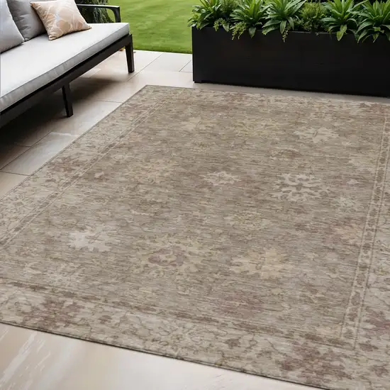 Khaki And Beige Floral Washable Indoor Outdoor Area Rug Photo 2