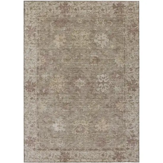 Khaki And Beige Floral Washable Indoor Outdoor Area Rug Photo 1