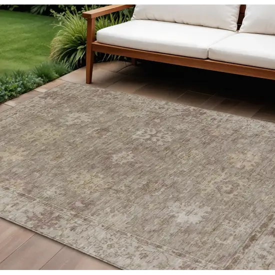 Khaki And Beige Floral Washable Indoor Outdoor Area Rug Photo 2