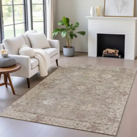 Khaki And Beige Floral Washable Indoor Outdoor Area Rug Photo 7