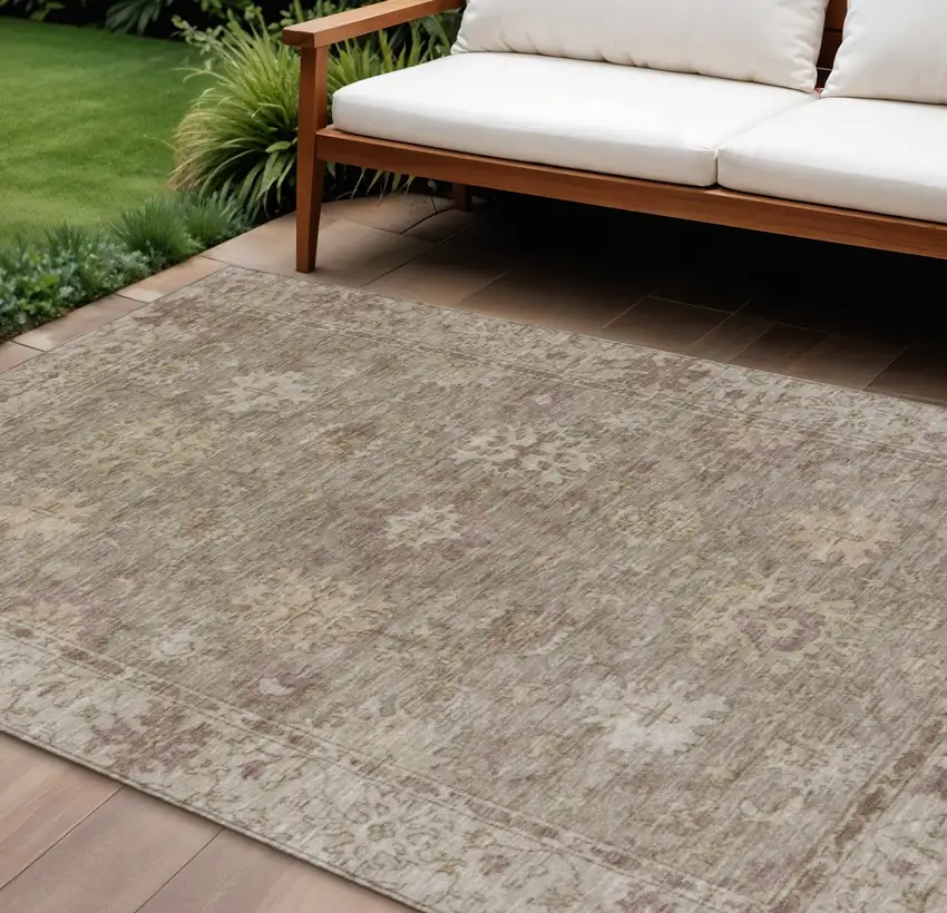 Khaki And Beige Floral Washable Indoor Outdoor Area Rug Photo 2