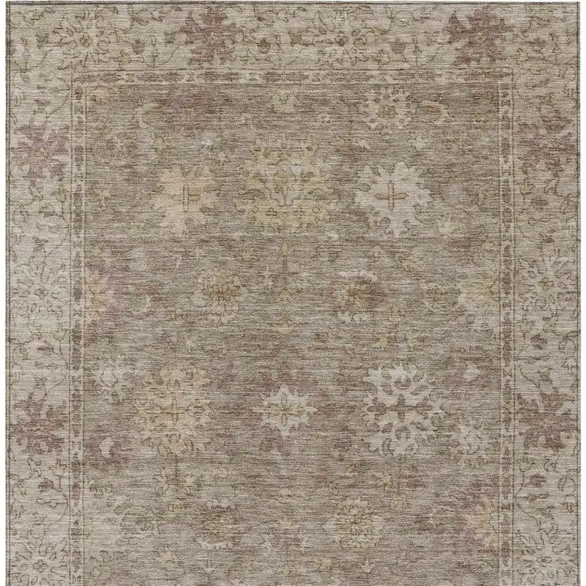 Khaki And Beige Floral Washable Indoor Outdoor Area Rug Photo 8