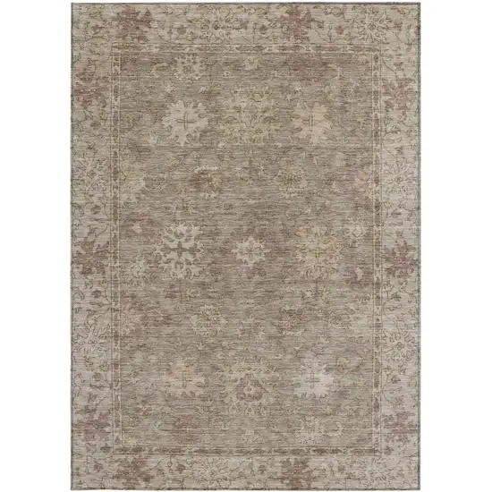 Khaki And Beige Floral Washable Indoor Outdoor Area Rug Photo 4