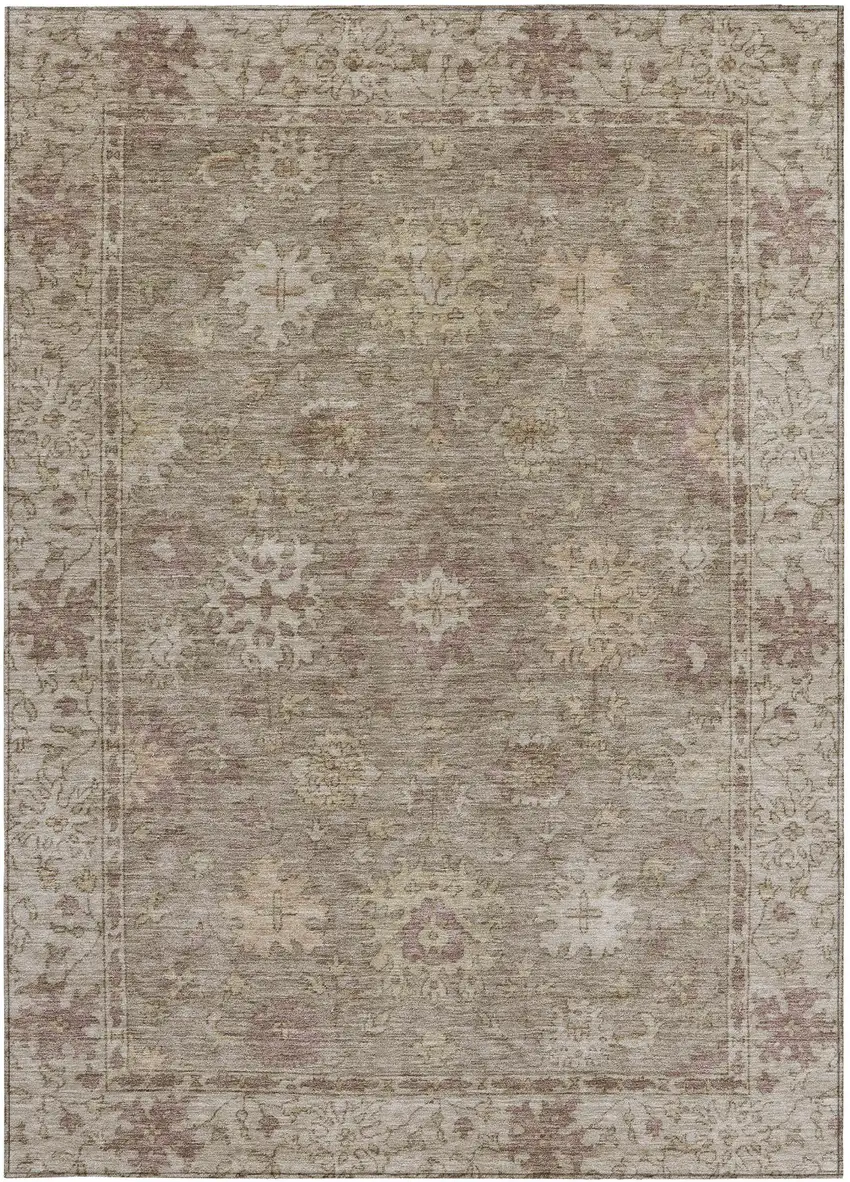 Khaki And Beige Floral Washable Indoor Outdoor Area Rug Photo 4