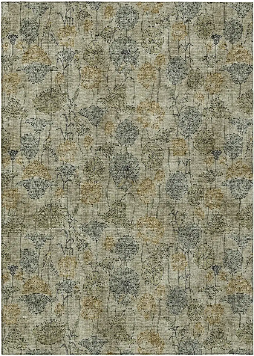 Khaki And Beige Floral Washable Indoor Outdoor Area Rug Photo 1