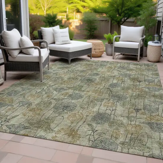 Khaki And Beige Floral Washable Indoor Outdoor Area Rug Photo 8