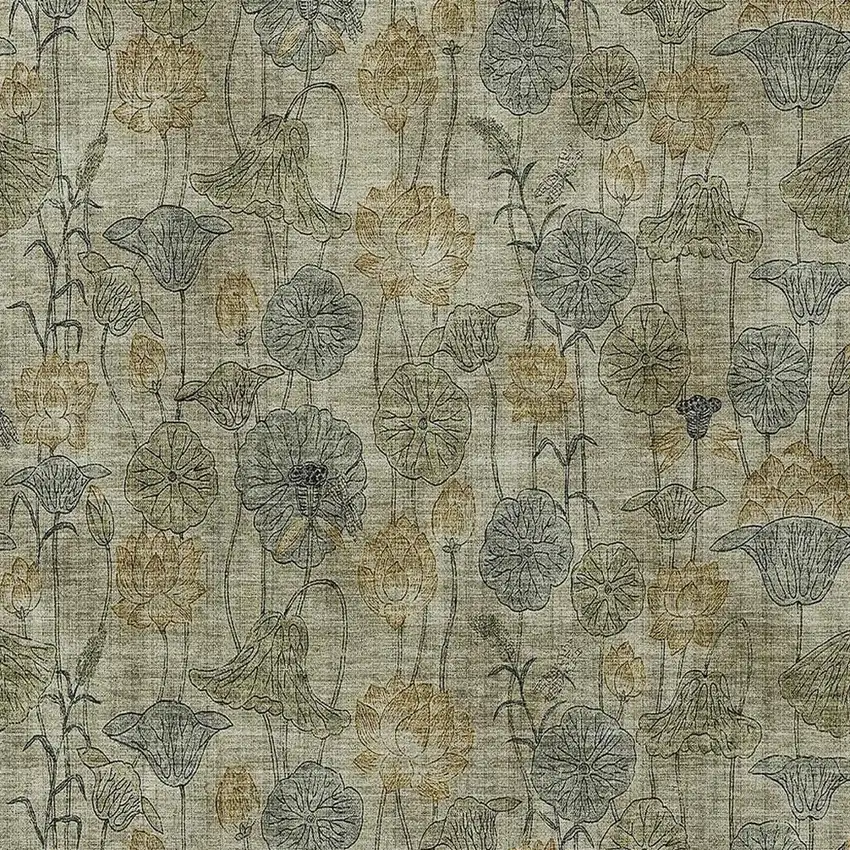 Khaki And Beige Floral Washable Indoor Outdoor Area Rug Photo 4