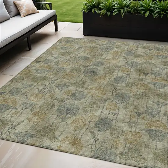Khaki And Beige Floral Washable Indoor Outdoor Area Rug Photo 2