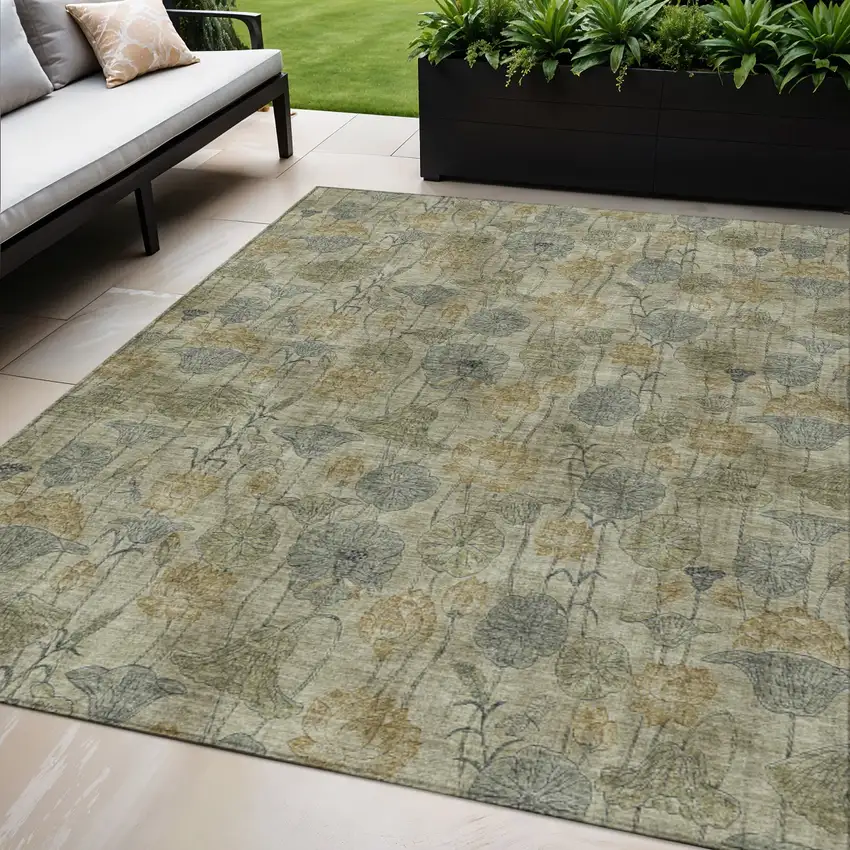 Khaki And Beige Floral Washable Indoor Outdoor Area Rug Photo 2