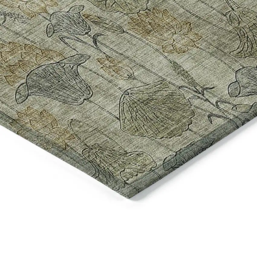 Khaki And Beige Floral Washable Indoor Outdoor Area Rug Photo 4