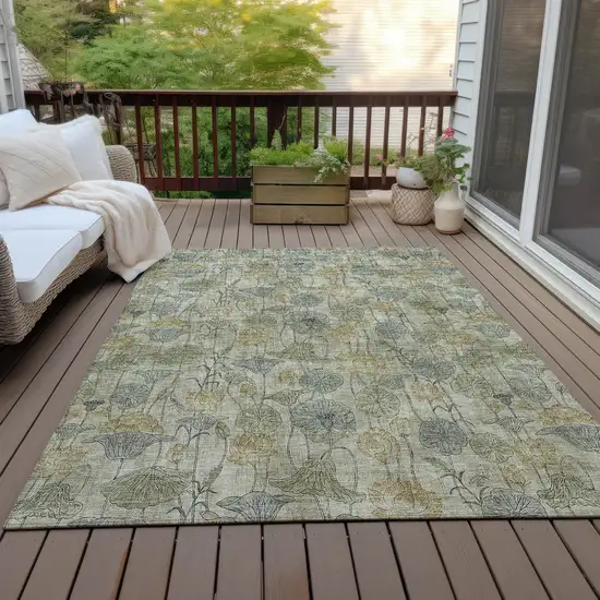 Khaki And Beige Floral Washable Indoor Outdoor Area Rug Photo 8