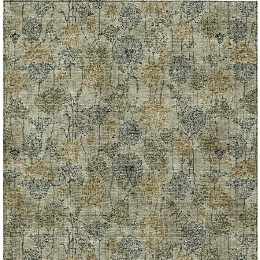 Khaki And Beige Floral Washable Indoor Outdoor Area Rug Photo 5