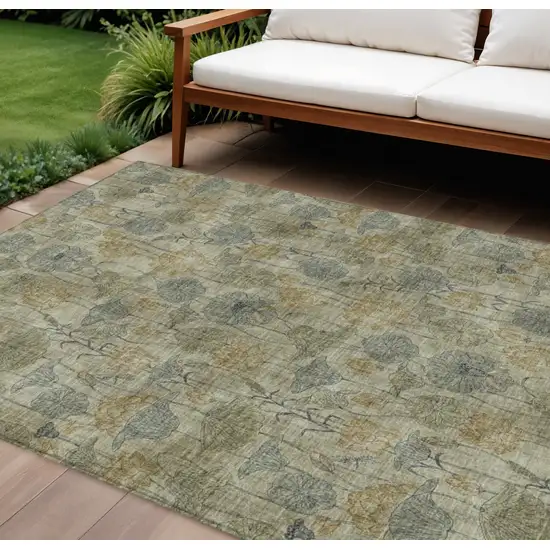 Khaki And Beige Floral Washable Indoor Outdoor Area Rug Photo 2