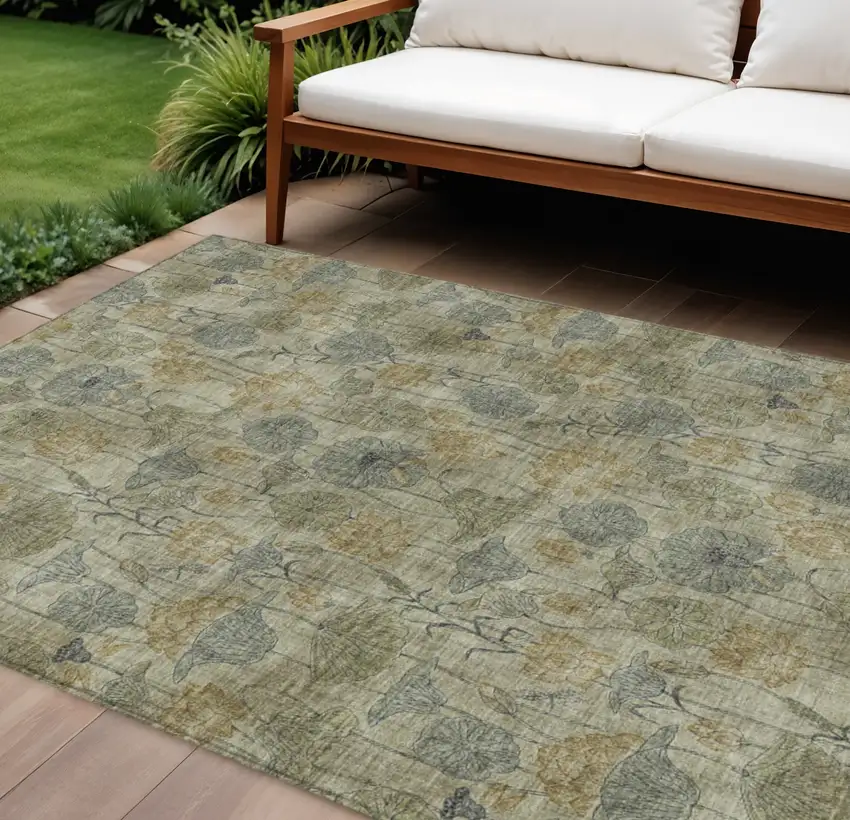 Khaki And Beige Floral Washable Indoor Outdoor Area Rug Photo 2