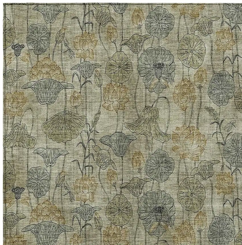 Khaki And Beige Floral Washable Indoor Outdoor Area Rug Photo 5