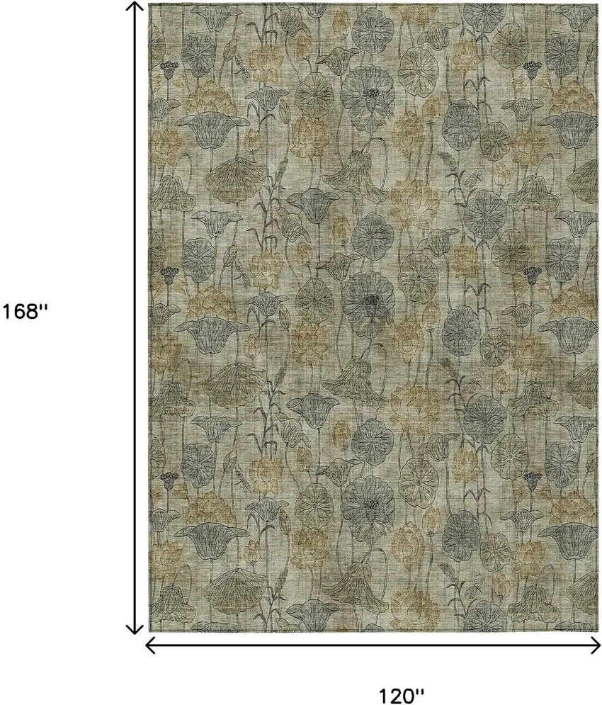 Khaki And Beige Floral Washable Indoor Outdoor Area Rug Photo 9