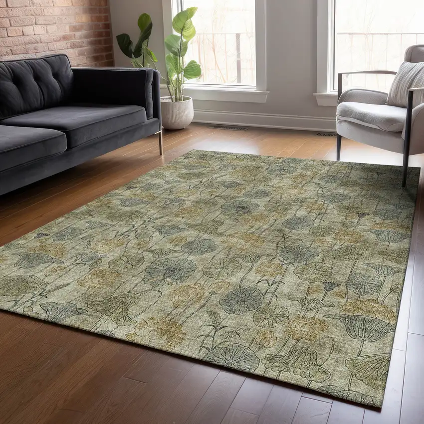 Khaki And Beige Floral Washable Indoor Outdoor Area Rug Photo 5