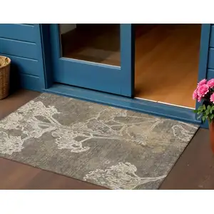 Photo of Khaki And Beige Floral Washable Indoor Outdoor Area Rug