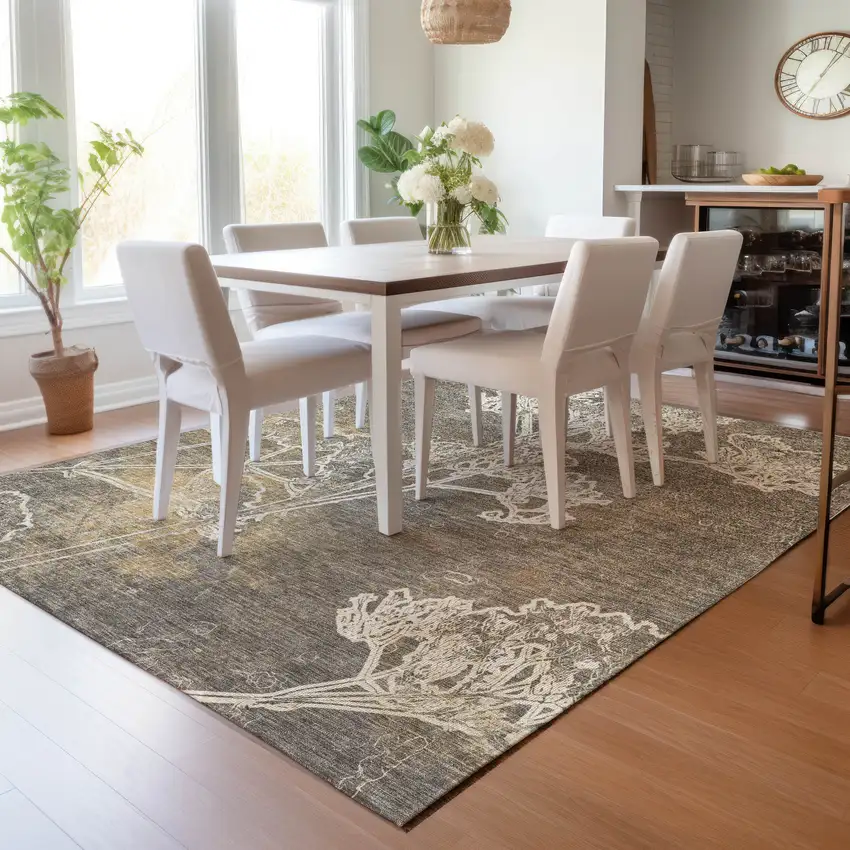 Khaki And Beige Floral Washable Indoor Outdoor Area Rug Photo 9