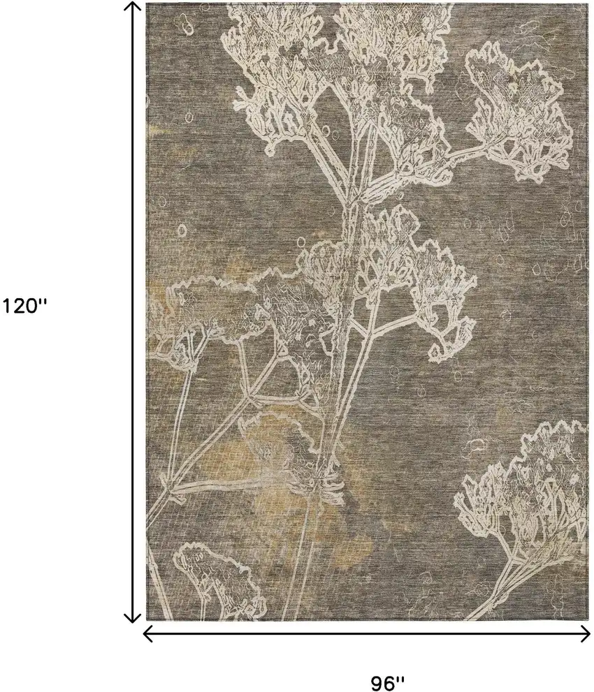 Khaki And Beige Floral Washable Indoor Outdoor Area Rug Photo 3