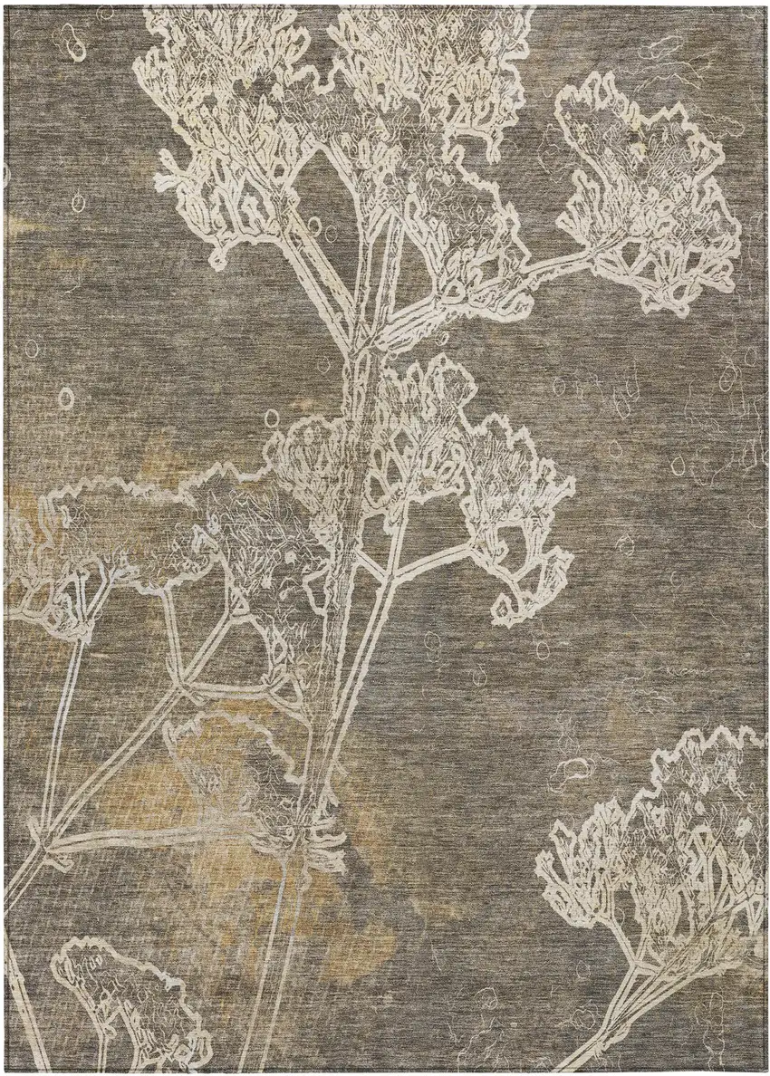 Khaki And Beige Floral Washable Indoor Outdoor Area Rug Photo 2