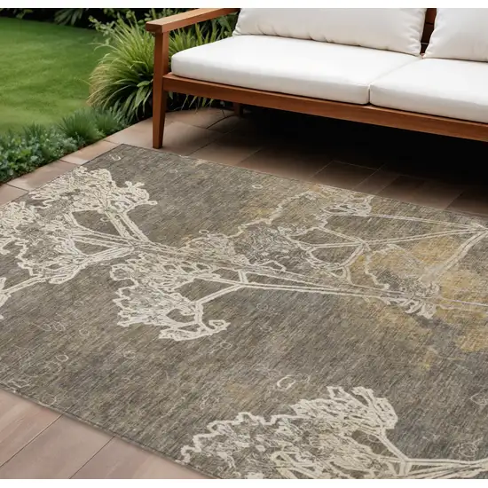 Khaki And Beige Floral Washable Indoor Outdoor Area Rug Photo 1