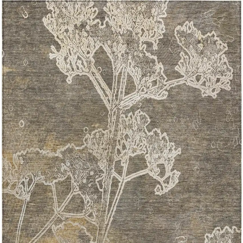 Khaki And Beige Floral Washable Indoor Outdoor Area Rug Photo 5