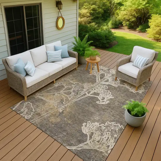Khaki And Beige Floral Washable Indoor Outdoor Area Rug Photo 8