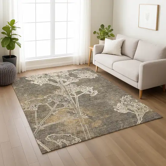 Khaki And Beige Floral Washable Indoor Outdoor Area Rug Photo 9