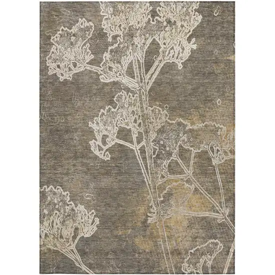 Khaki And Beige Floral Washable Indoor Outdoor Area Rug Photo 2