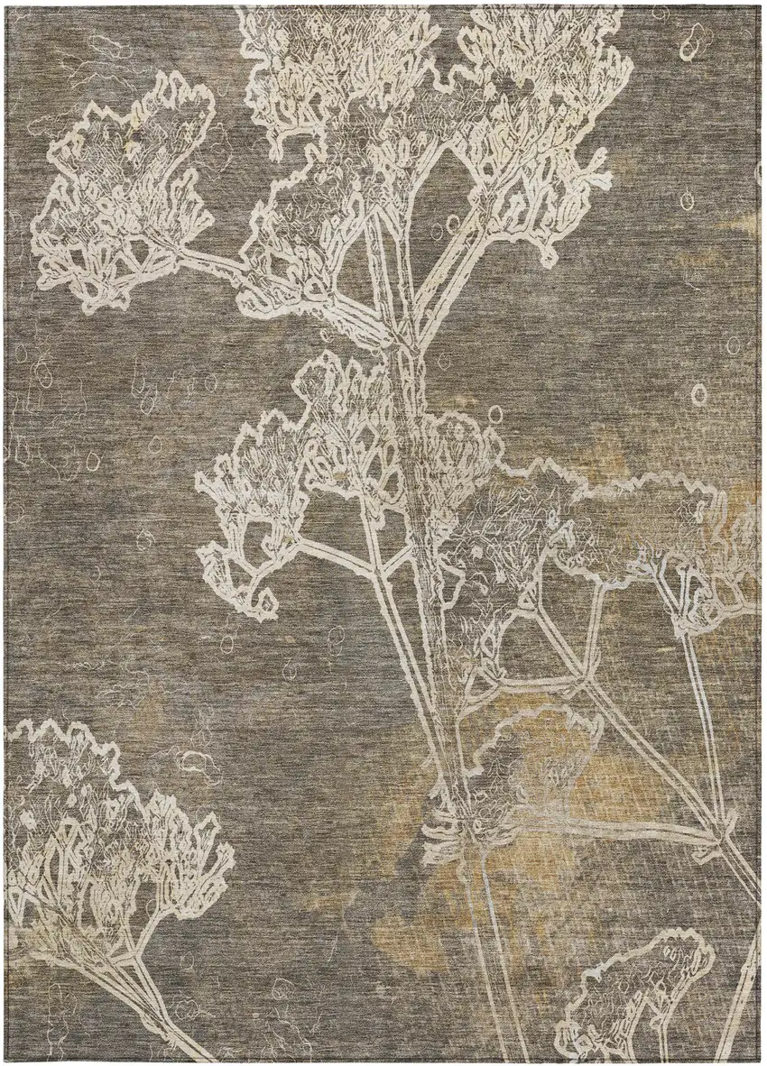 Khaki And Beige Floral Washable Indoor Outdoor Area Rug Photo 5