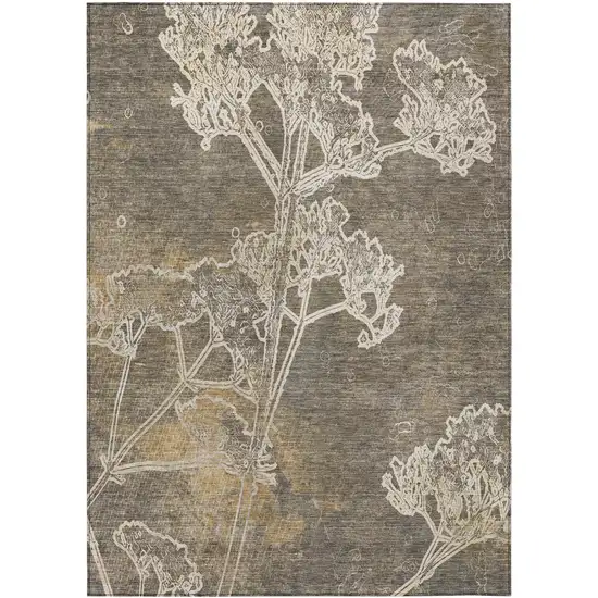 Khaki And Beige Floral Washable Indoor Outdoor Area Rug Photo 4