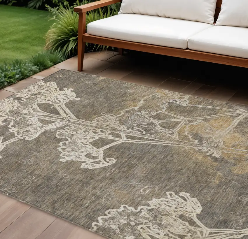 Khaki And Beige Floral Washable Indoor Outdoor Area Rug Photo 1