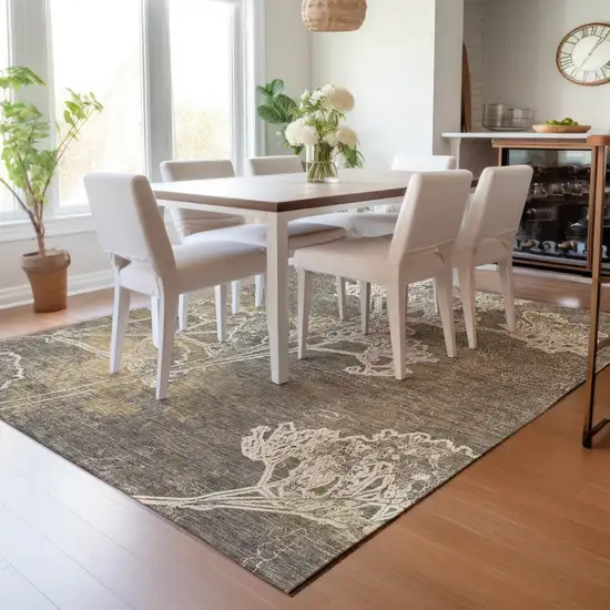 Khaki And Beige Floral Washable Indoor Outdoor Area Rug Photo 9