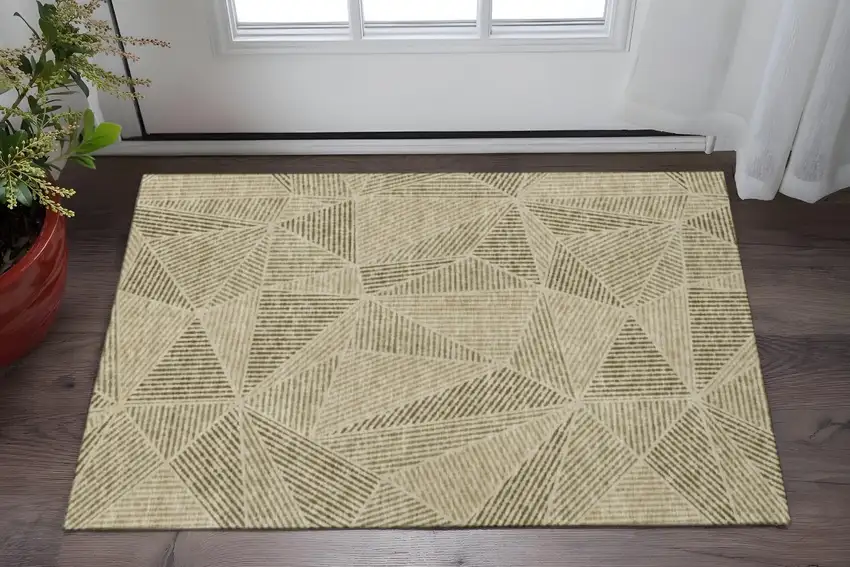 Khaki And Beige Geometric Washable Area Rug With UV Protection Photo 2