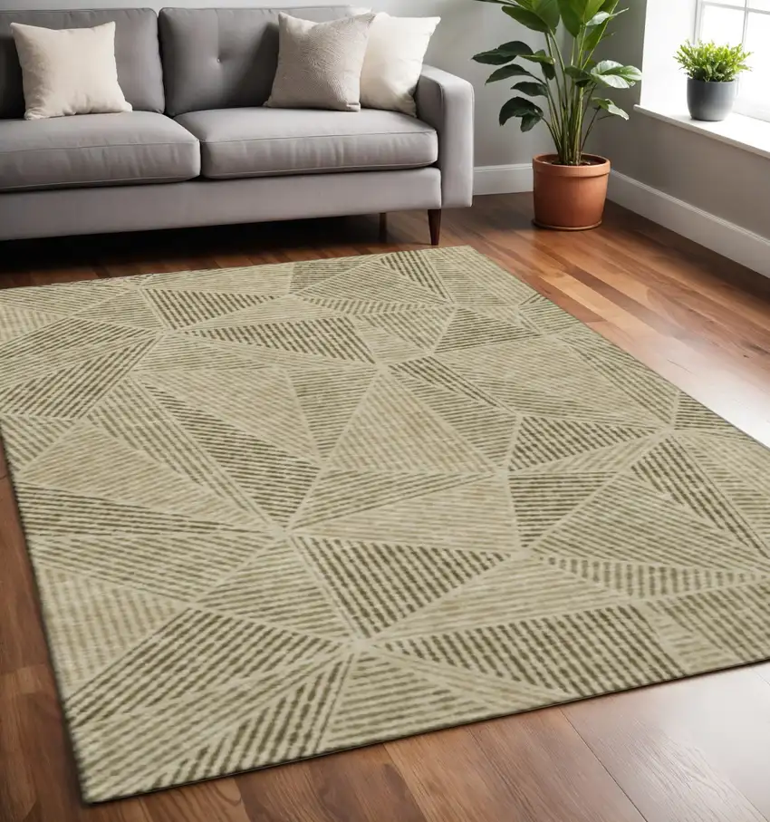 Khaki And Beige Geometric Washable Area Rug With UV Protection Photo 2