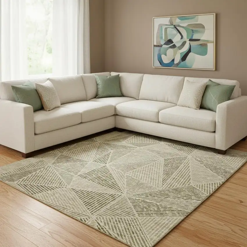 Khaki And Beige Geometric Washable Area Rug With UV Protection Photo 3