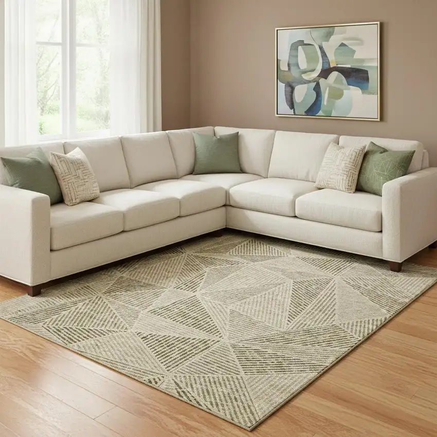 Khaki And Beige Geometric Washable Area Rug With UV Protection Photo 2