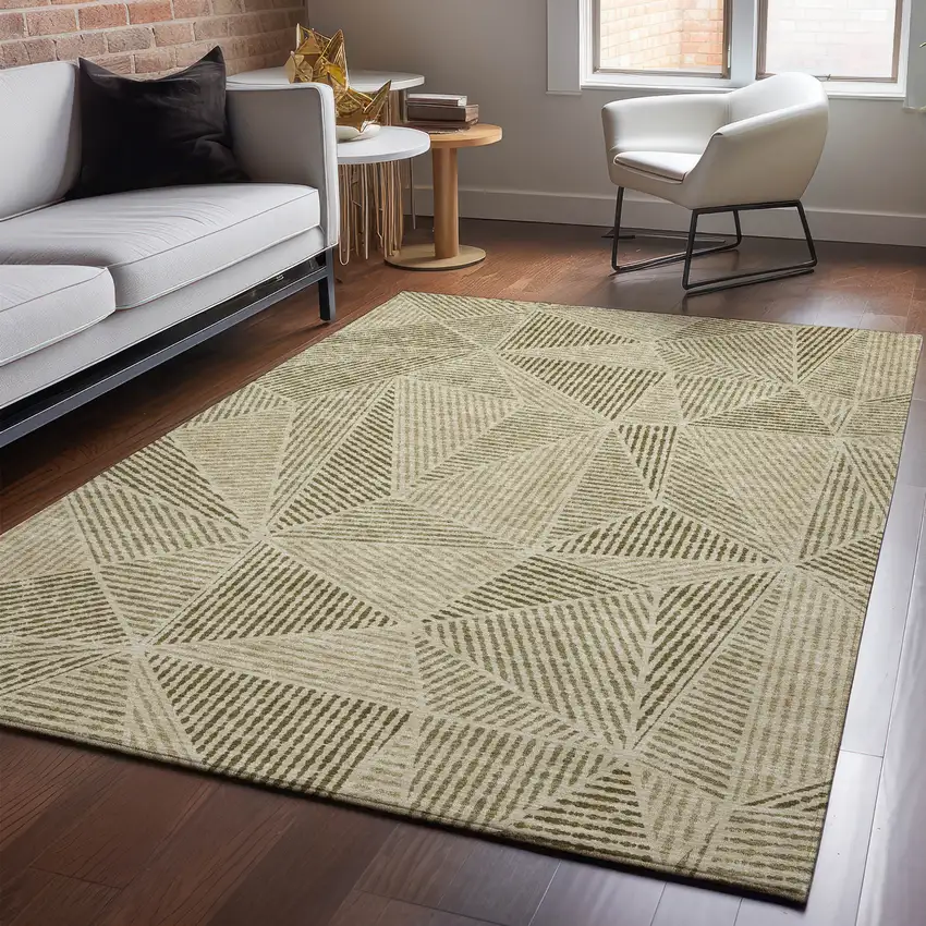 Khaki And Beige Geometric Washable Area Rug With UV Protection Photo 5