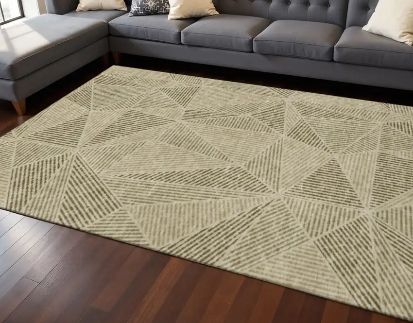 Khaki And Beige Geometric Washable Area Rug With UV Protection Photo 2