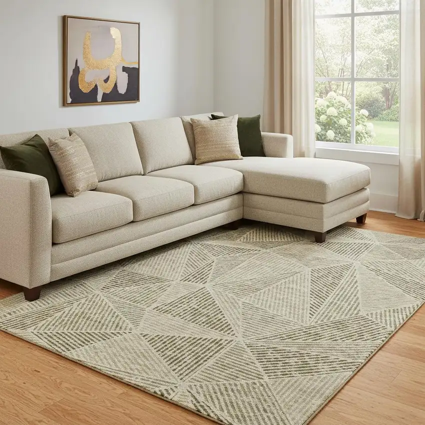 Khaki And Beige Geometric Washable Area Rug With UV Protection Photo 1