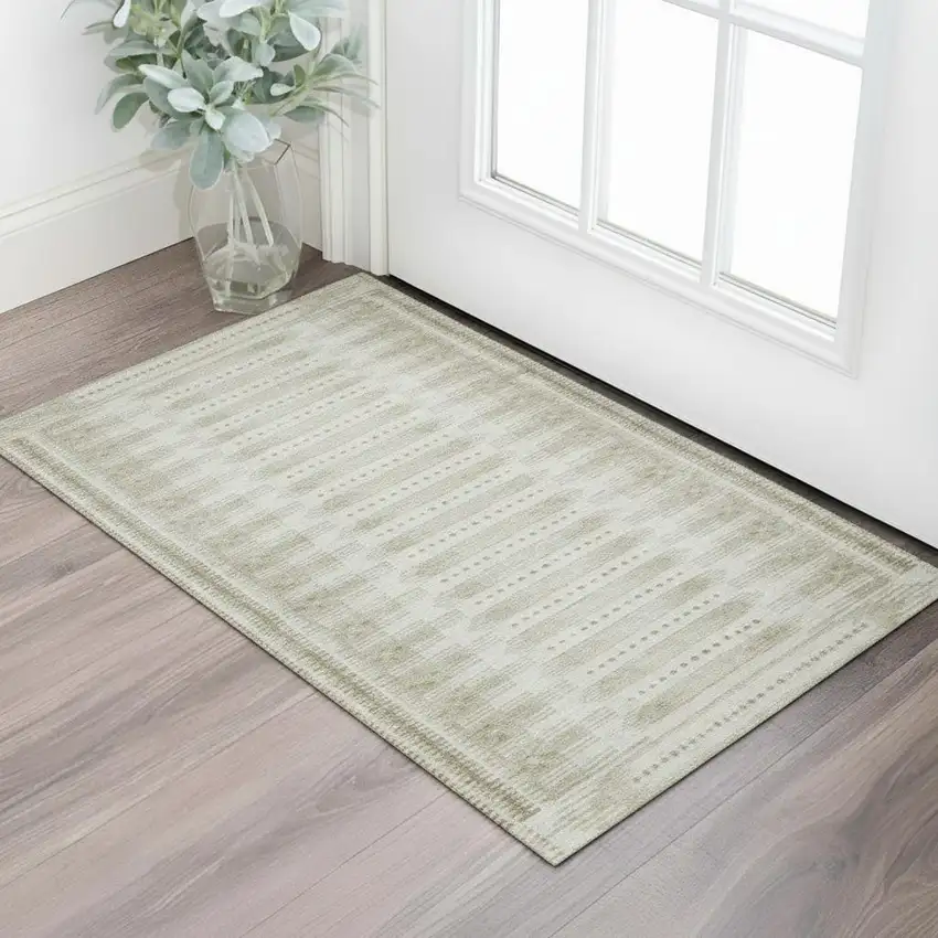 Khaki And Beige Geometric Washable Area Rug With UV Protection Photo 2