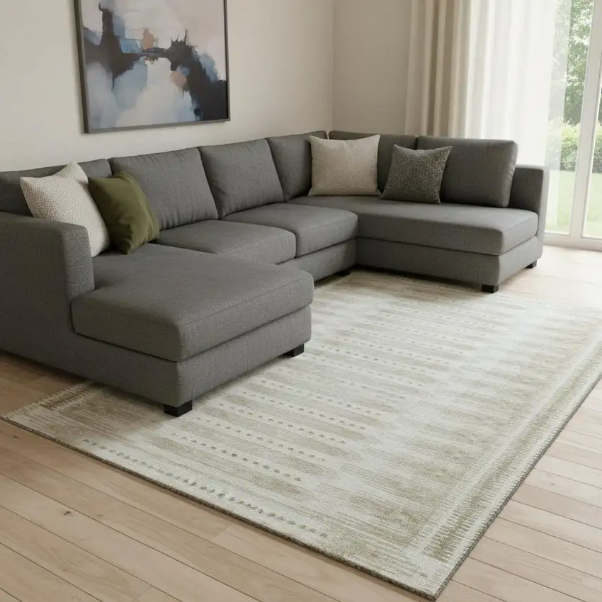 Khaki And Beige Geometric Washable Area Rug With UV Protection Photo 2